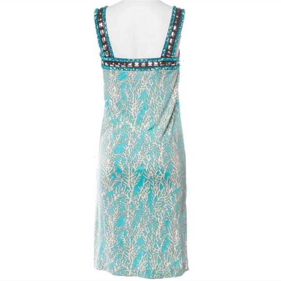 Tory Burch 100% Silk Crystal Turquoise Coral Print Mid-Length Dress/ M - Picture 4 of 9